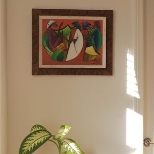 Vintage Fritz Rock Signed Oil Painting Haitian Market Scene in Frame ‎ 21” x 17